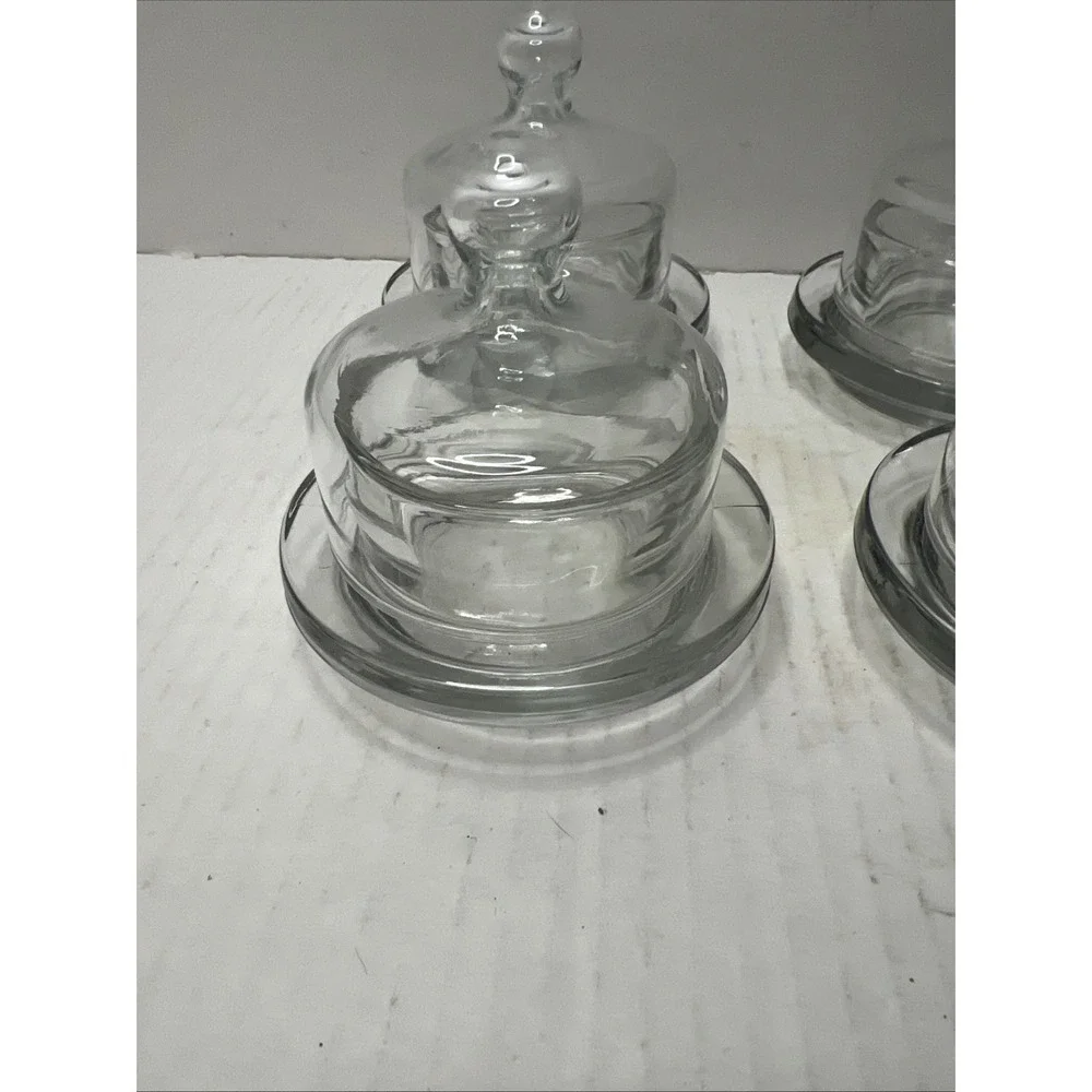 4 Vintage Clear Glass Mini Individual Butter Cloche Covered Dish Single Serve